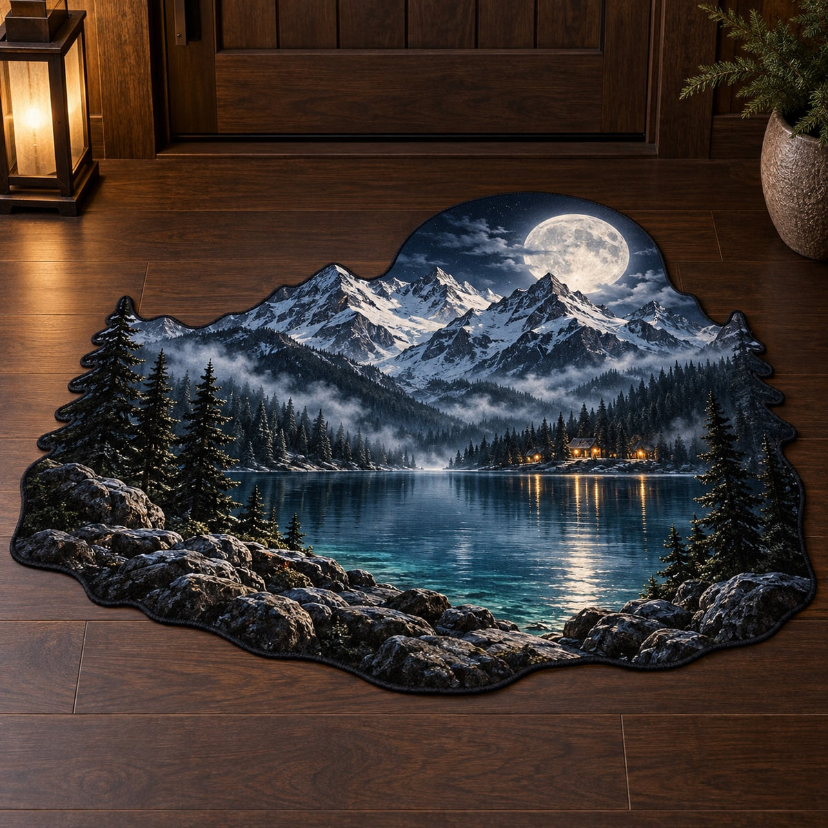 Moon Mountain Landscape Custom Shape Mat with dimensional printed themed artwork; representative AI-generated mockup.