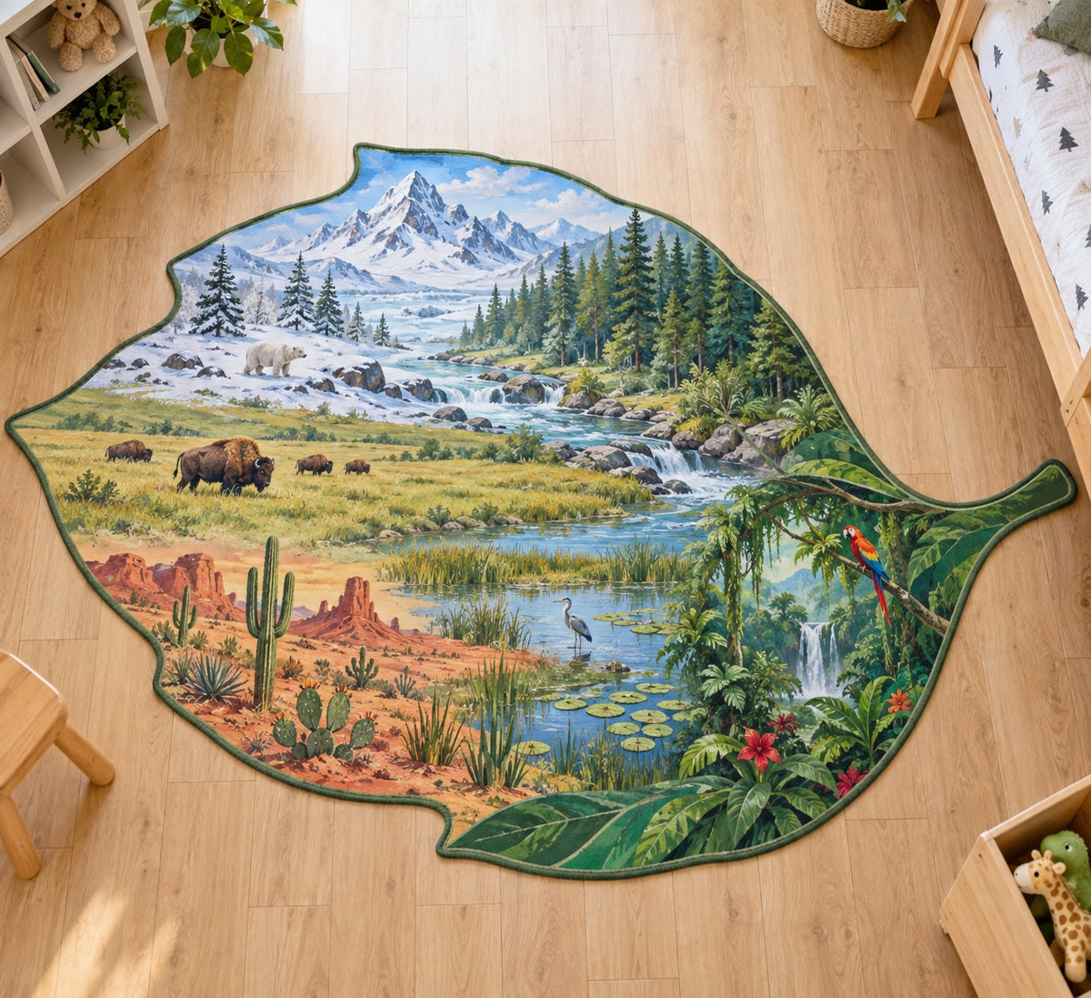 World Biomes Custom Shape Mat with dimensional printed themed artwork; representative AI-generated mockup.