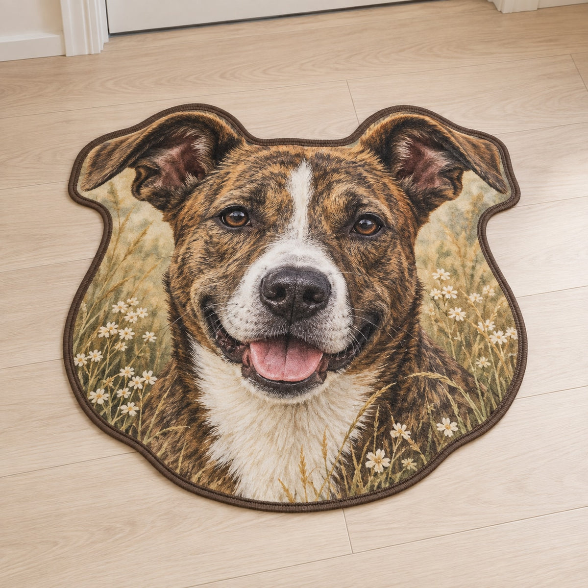 Rescue Mixed Breed Dog Custom Shape Mat with dimensional printed themed artwork; representative AI-generated mockup.