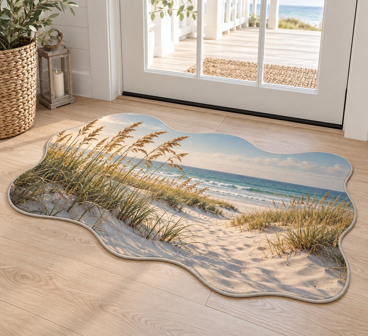 Coastal Dune Grass Custom Shape Mat with dimensional printed themed artwork; representative AI-generated mockup.