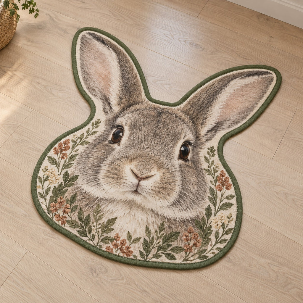 House Rabbit Companion Custom Shape Mat with dimensional printed themed artwork; representative AI-generated mockup.