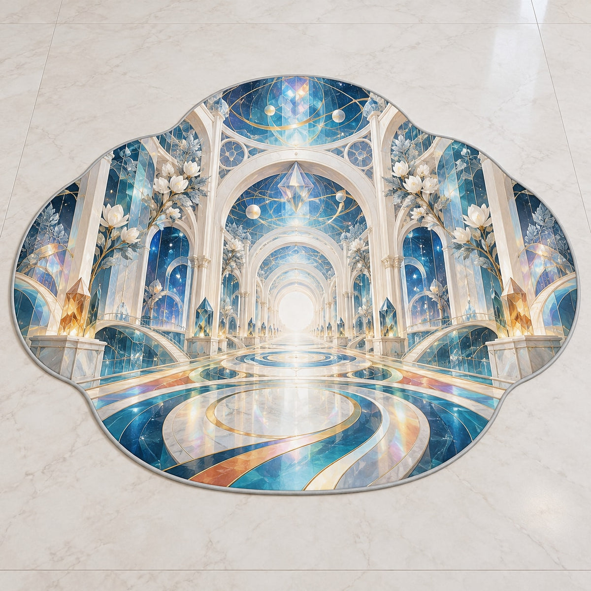Laboratory Discovery Atrium Custom Shape Mat with dimensional printed themed artwork; representative AI-generated mockup.