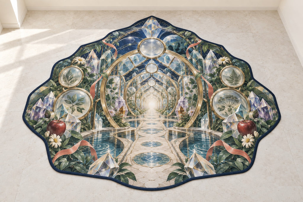 Prismatic Discovery Conservatory Custom Shape Mat with dimensional printed themed artwork; representative AI-generated mockup.