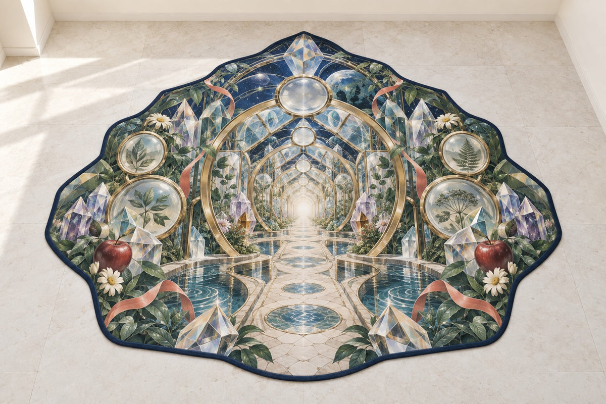 Prismatic Discovery Conservatory Custom Shape Mat with dimensional printed themed artwork; representative AI-generated mockup.