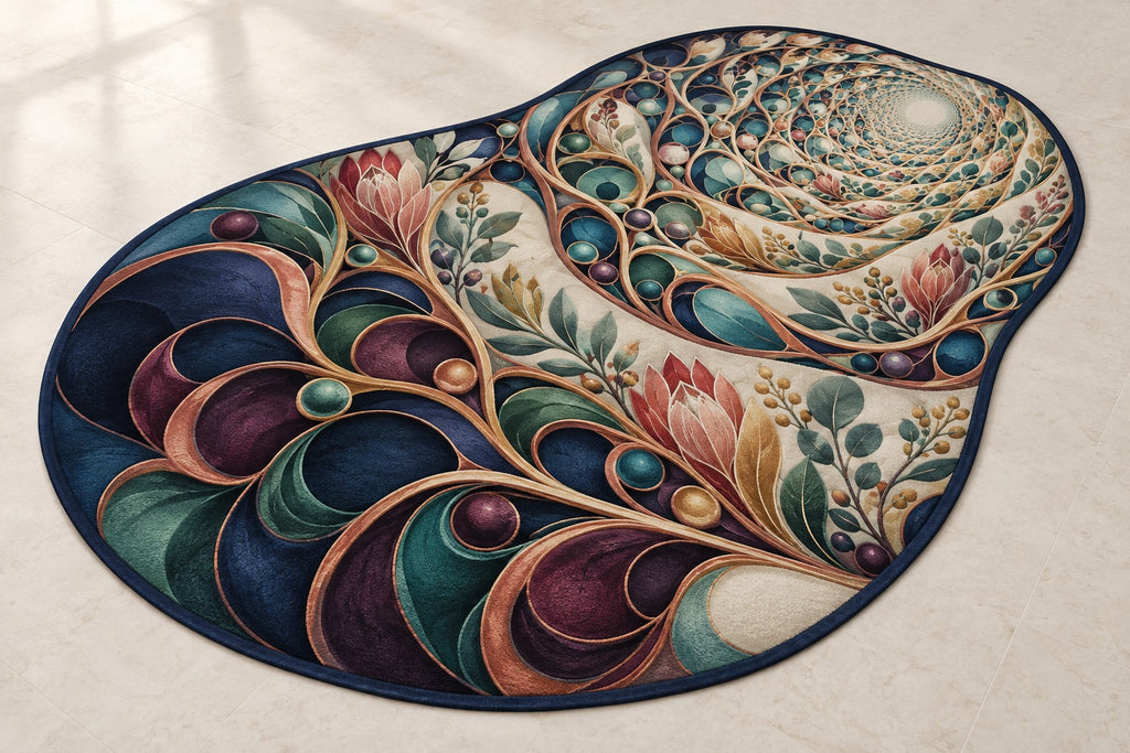 Loopflower Lattice Atrium Custom Shape Mat with dimensional printed themed artwork; representative AI-generated mockup.