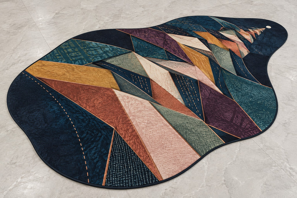 Selvedge Prismfall Custom Shape Mat with dimensional printed themed artwork; representative AI-generated mockup.