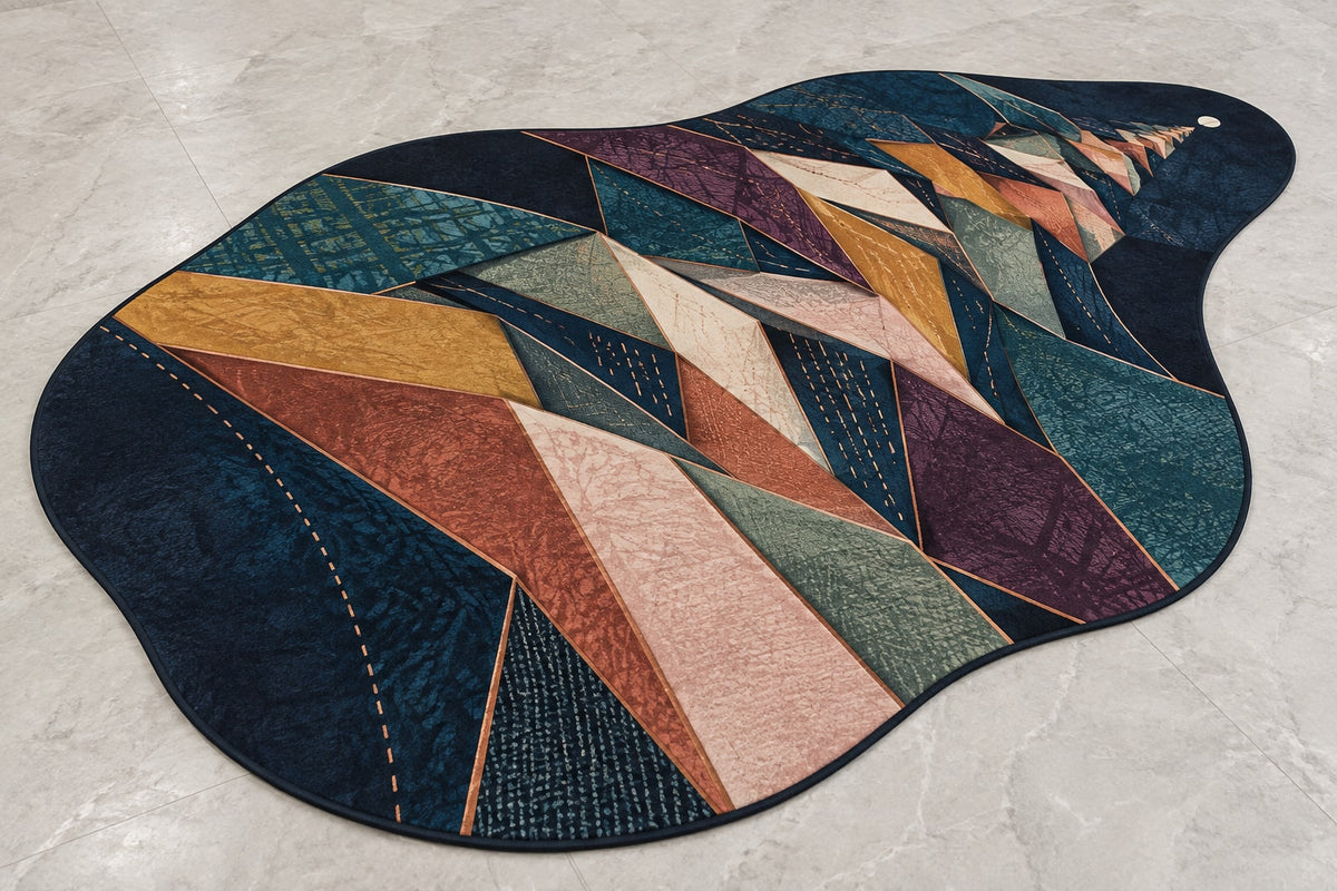 Selvedge Prismfall Custom Shape Mat with dimensional printed themed artwork; representative AI-generated mockup.