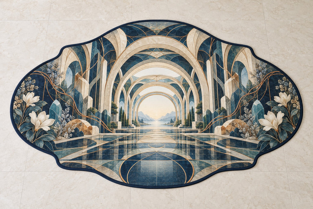 Structural Horizon Atrium Custom Shape Mat with dimensional printed themed artwork; representative AI-generated mockup.