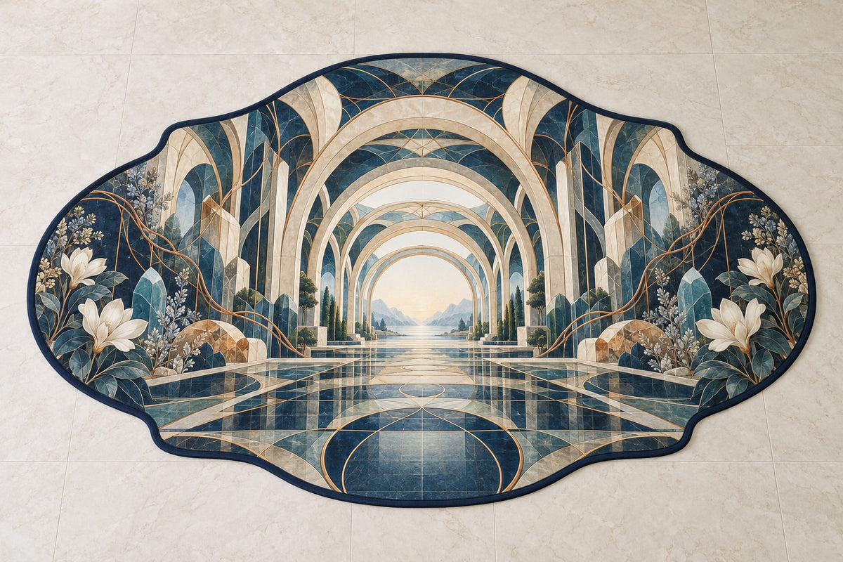 Structural Horizon Atrium Custom Shape Mat with dimensional printed themed artwork; representative AI-generated mockup.