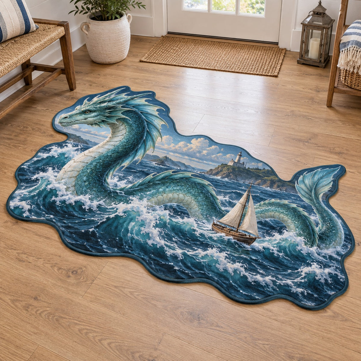 Sea Serpent Voyage Custom Shape Mat with dimensional printed themed artwork; representative AI-generated mockup.