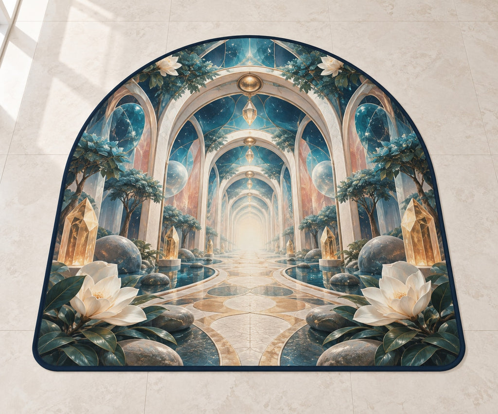 Voice Bloom Resonance Atrium Custom Shape Mat with dimensional printed themed artwork; representative AI-generated mockup.