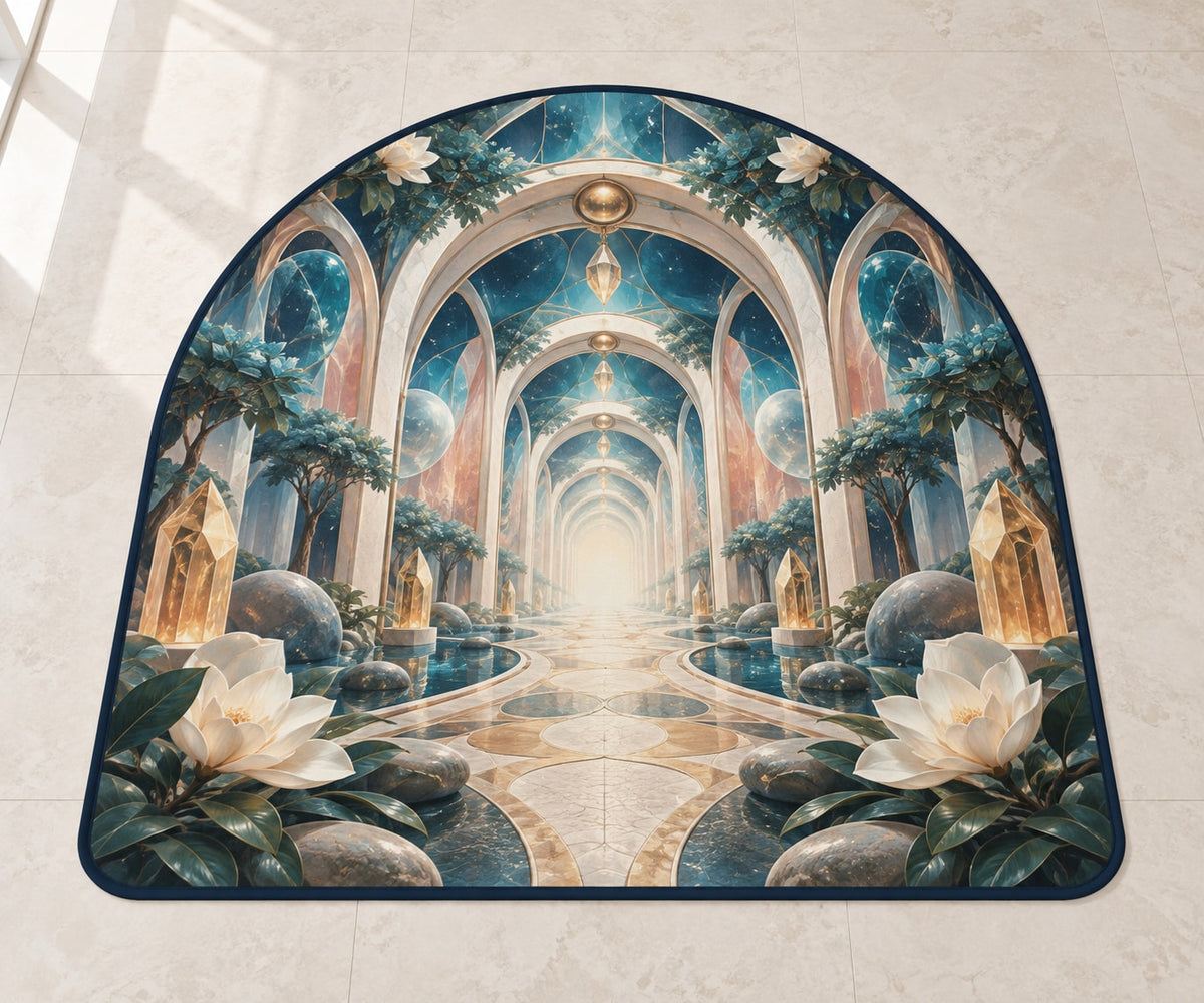 Voice Bloom Resonance Atrium Custom Shape Mat with dimensional printed themed artwork; representative AI-generated mockup.