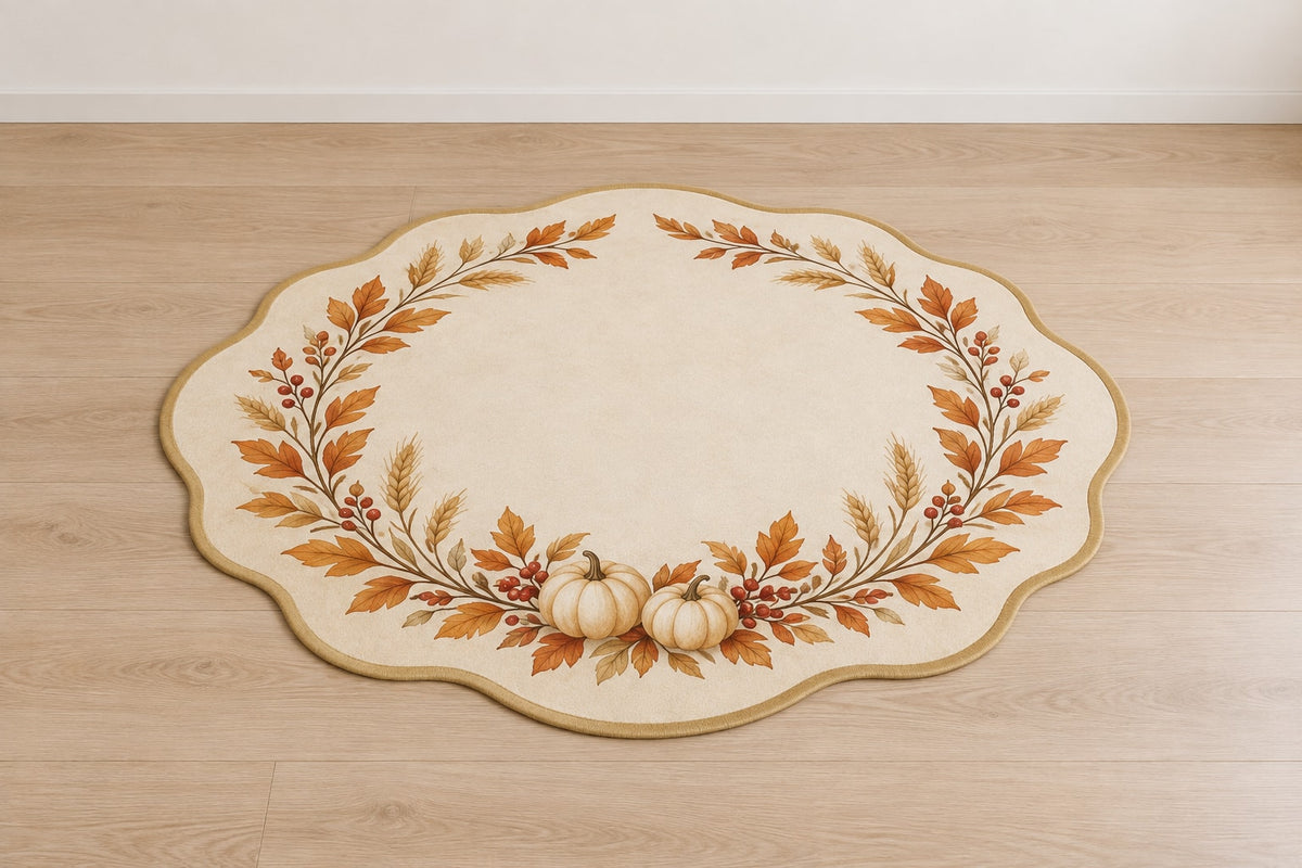 Autumn Harvest Wedding Wreath Custom Shape Mat with dimensional printed themed artwork; representative AI-generated mockup.
