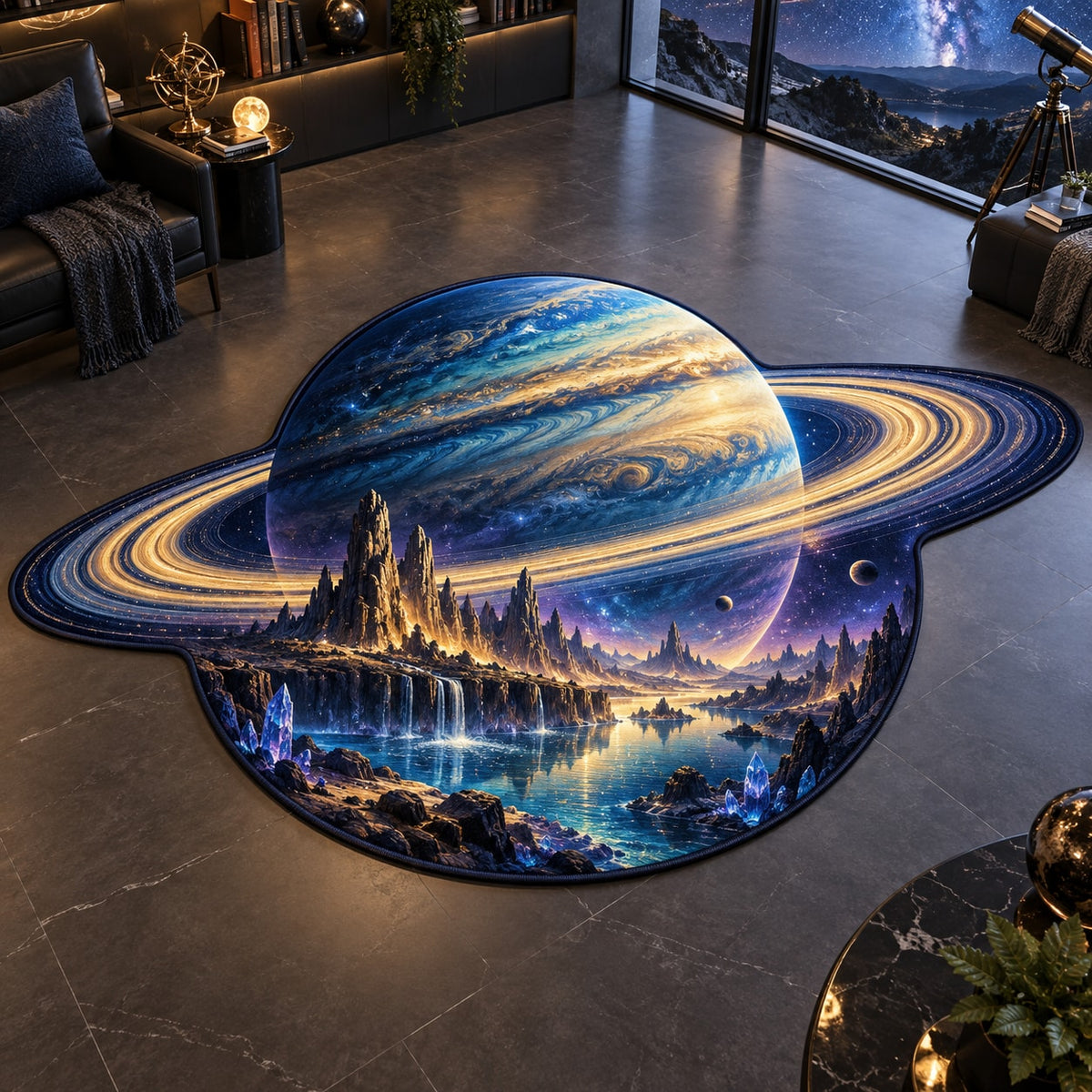 Ringed Planet Custom Shape Mat with dimensional printed themed artwork; representative AI-generated mockup.