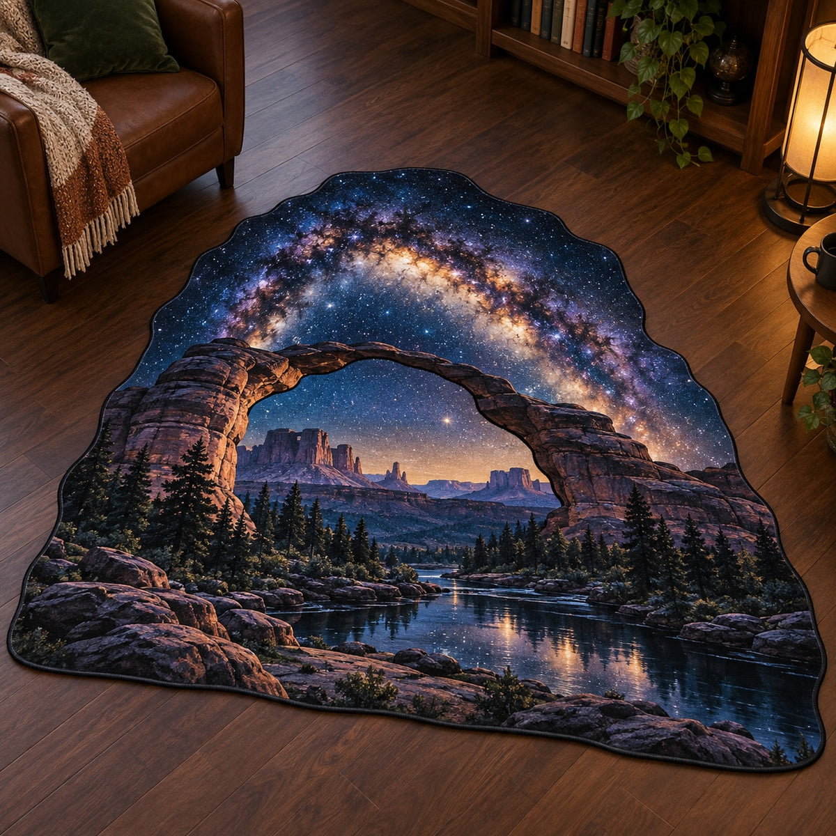 Milky Way Arch Custom Shape Mat with dimensional printed themed artwork; representative AI-generated mockup.