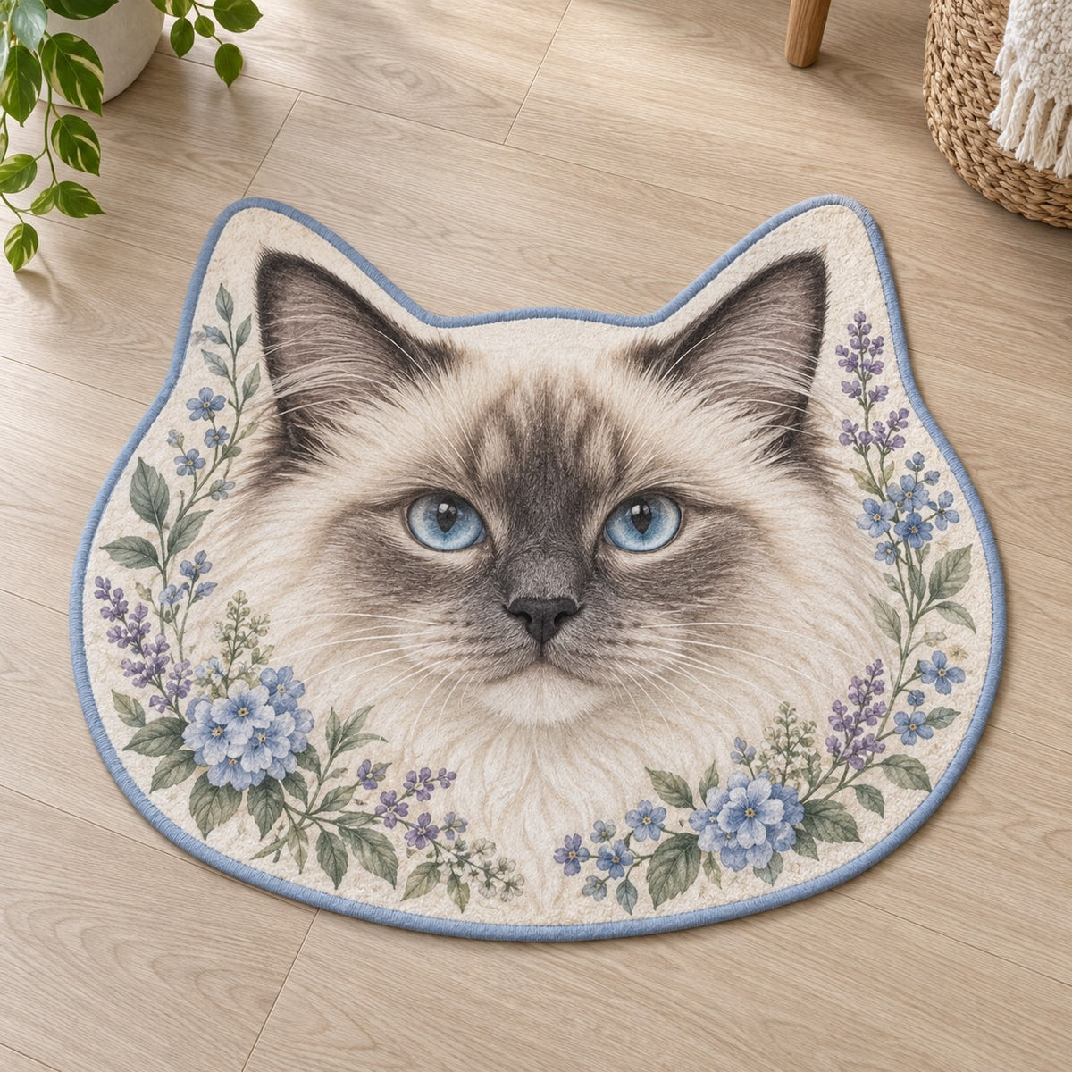Ragdoll Cat Companion Custom Shape Mat with dimensional printed themed artwork; representative AI-generated mockup.
