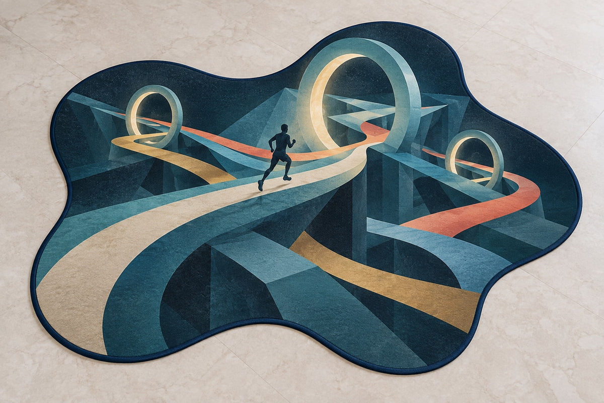 Ridgepulse Strata Passage Custom Shape Mat with dimensional printed themed artwork; representative AI-generated mockup.