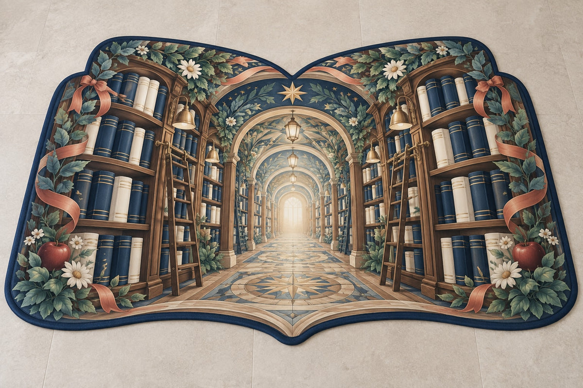 Storybook Library Conservatory Custom Shape Mat with dimensional printed themed artwork; representative AI-generated mockup.