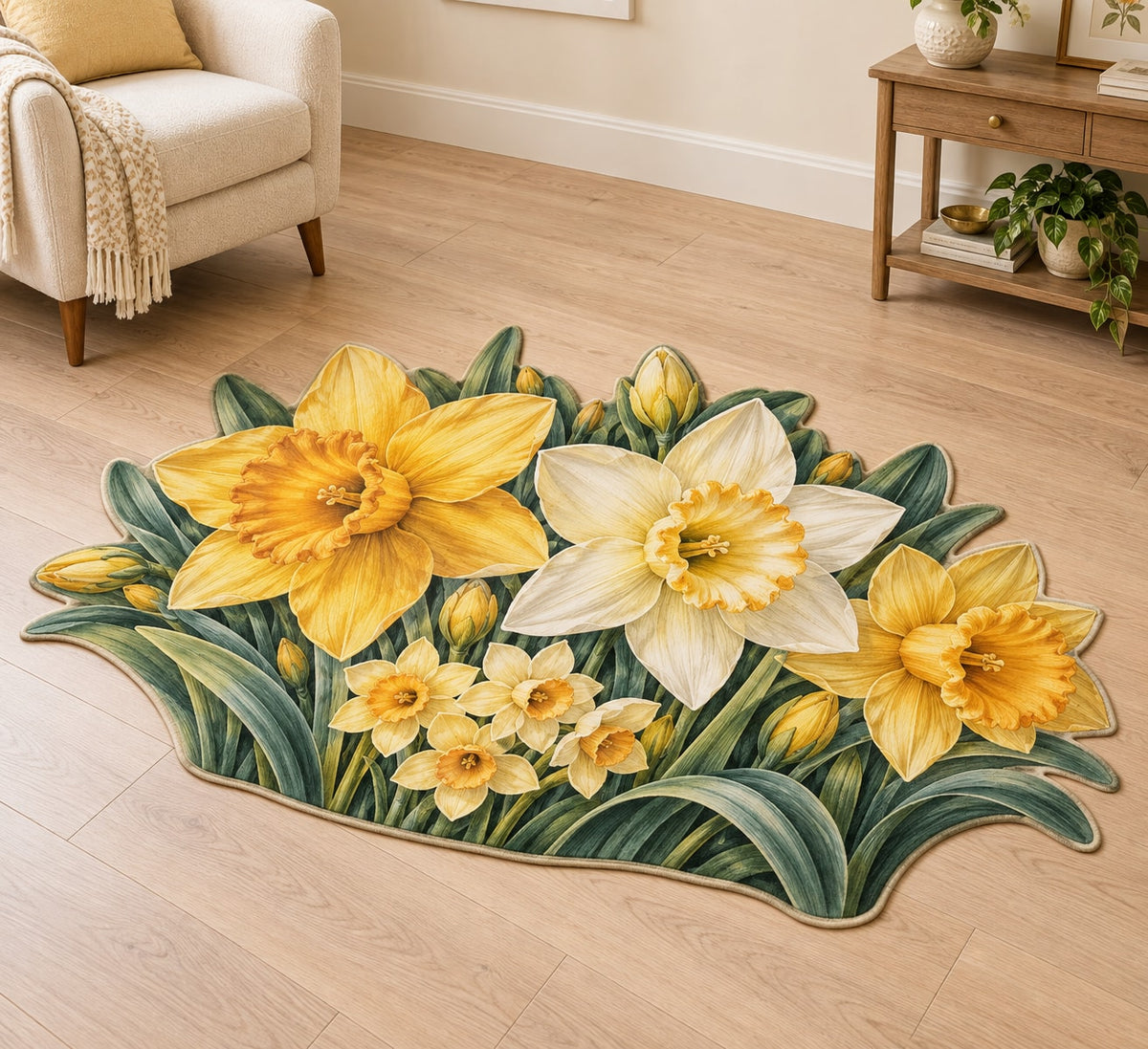 Daffodil and Jonquil Custom Shape Mat with dimensional printed themed artwork; representative AI-generated mockup.
