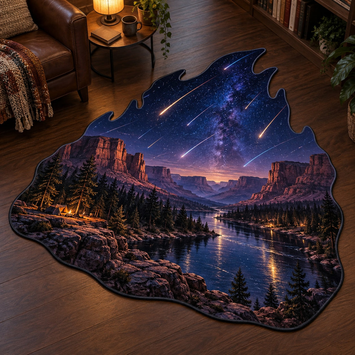 Meteor Shower Custom Shape Mat with dimensional printed themed artwork; representative AI-generated mockup.
