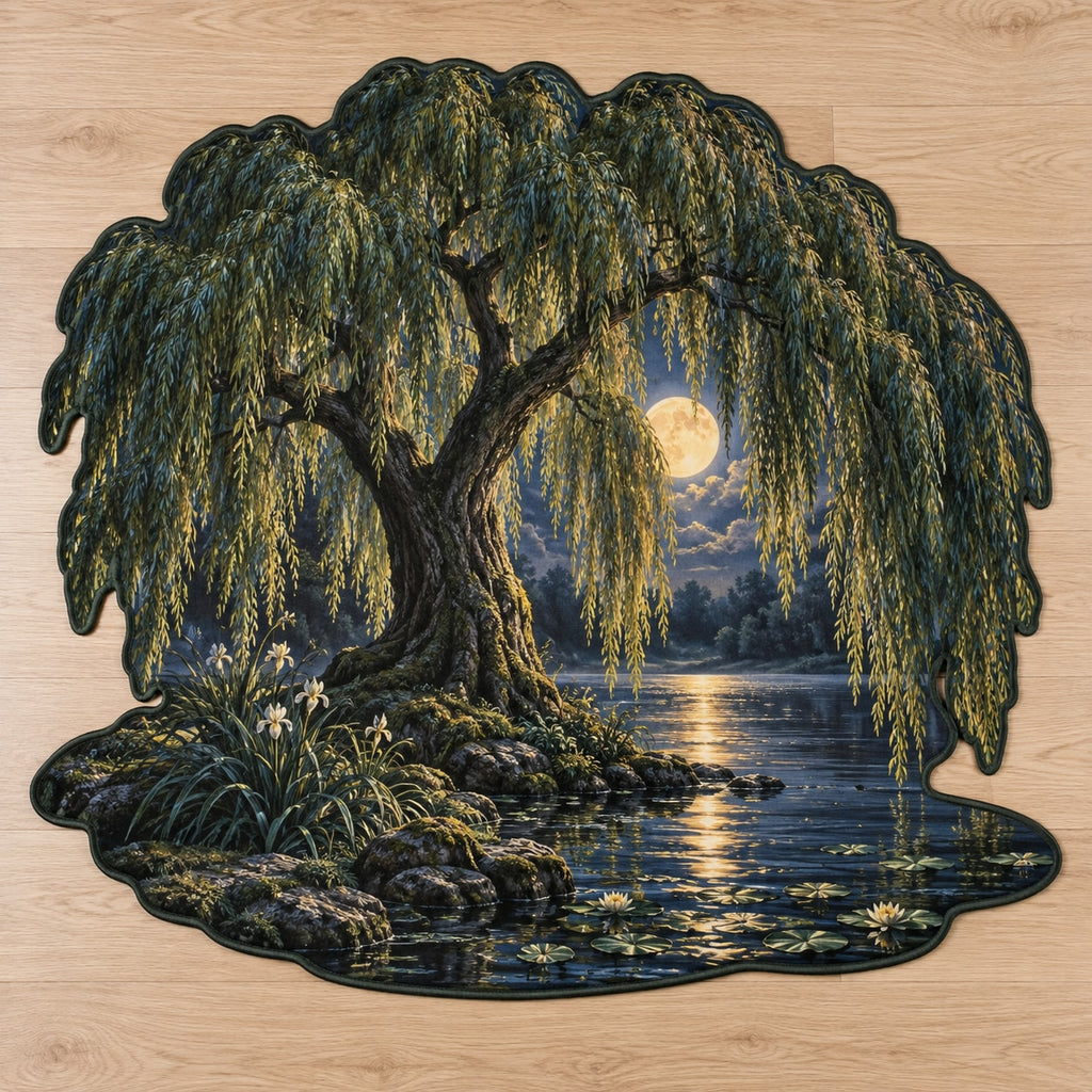 Moonlit Willow Pond Custom Shape Mat with dimensional printed themed artwork; representative AI-generated mockup.
