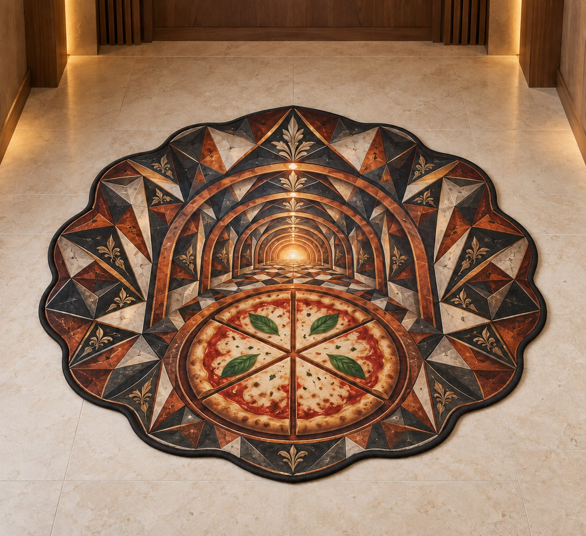 Pizza Night Ember Portal Custom Shape Mat with dimensional printed themed artwork; representative AI-generated mockup.