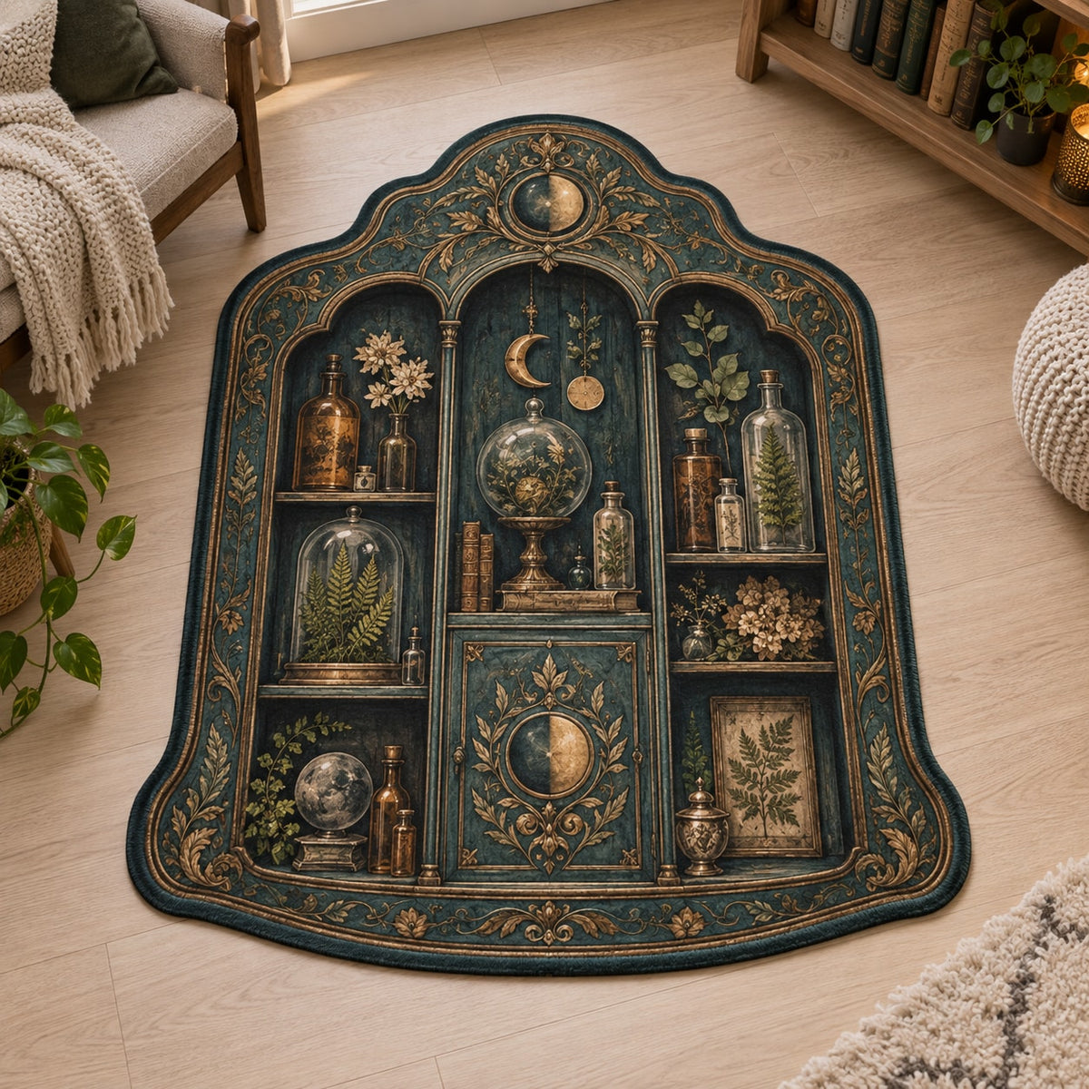 Alchemy Botanical Cabinet Custom Shape Mat with dimensional printed themed artwork; representative AI-generated mockup.