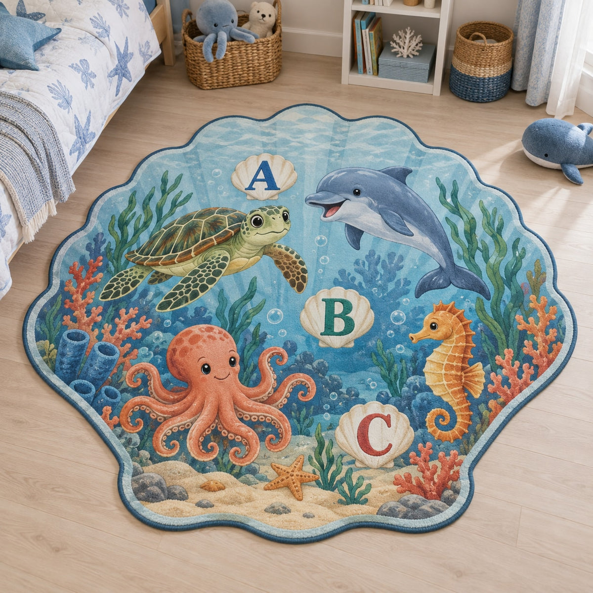 Ocean Animal Alphabet Custom Shape Mat with dimensional printed themed artwork; representative AI-generated mockup.