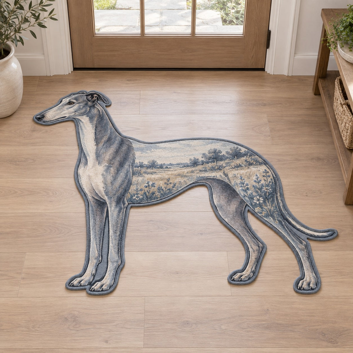 Greyhound Custom Shape Mat with dimensional printed themed artwork; representative AI-generated mockup.