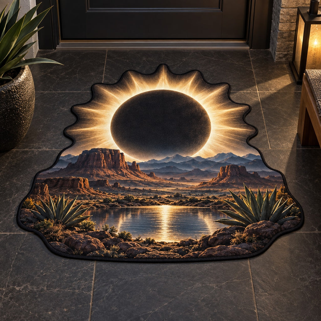 Solar Eclipse Custom Shape Mat with dimensional printed themed artwork; representative AI-generated mockup.