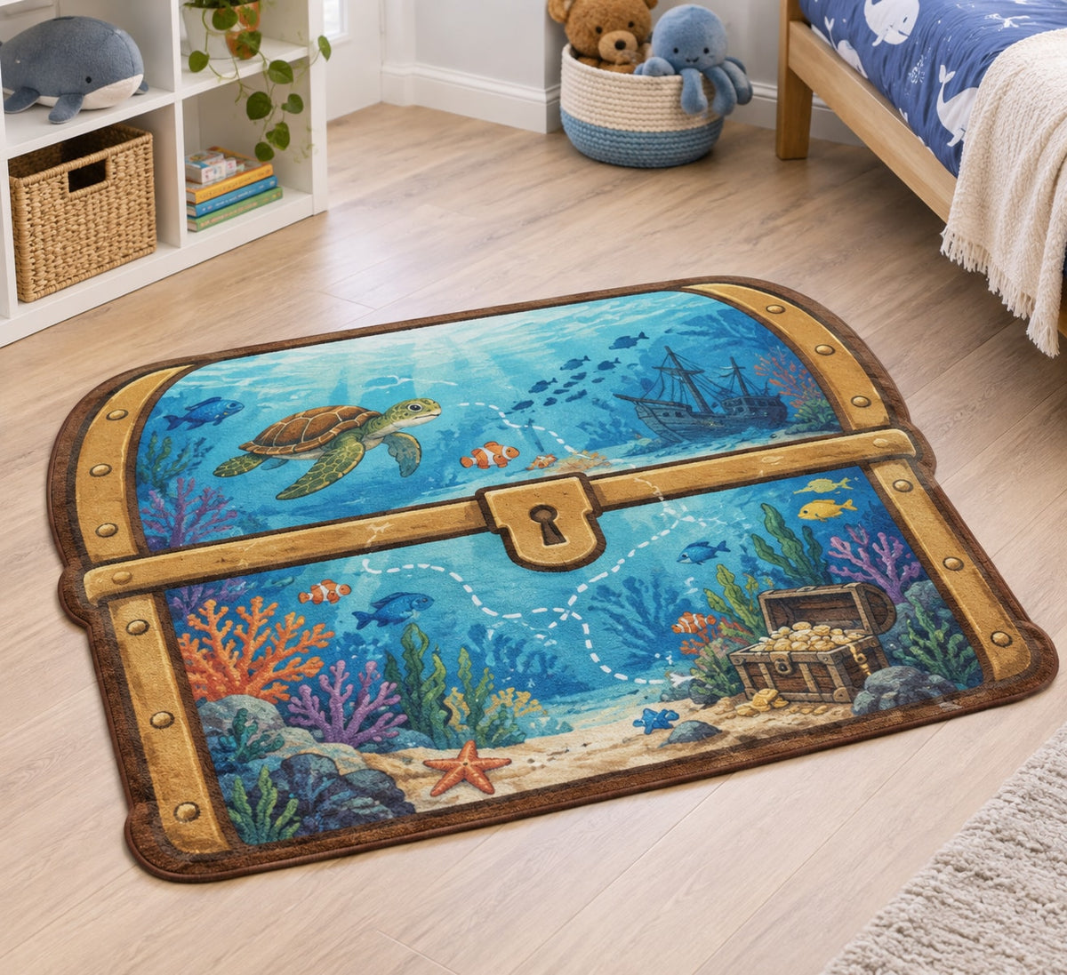 Underwater Treasure Map Custom Shape Mat with dimensional printed themed artwork; representative AI-generated mockup.