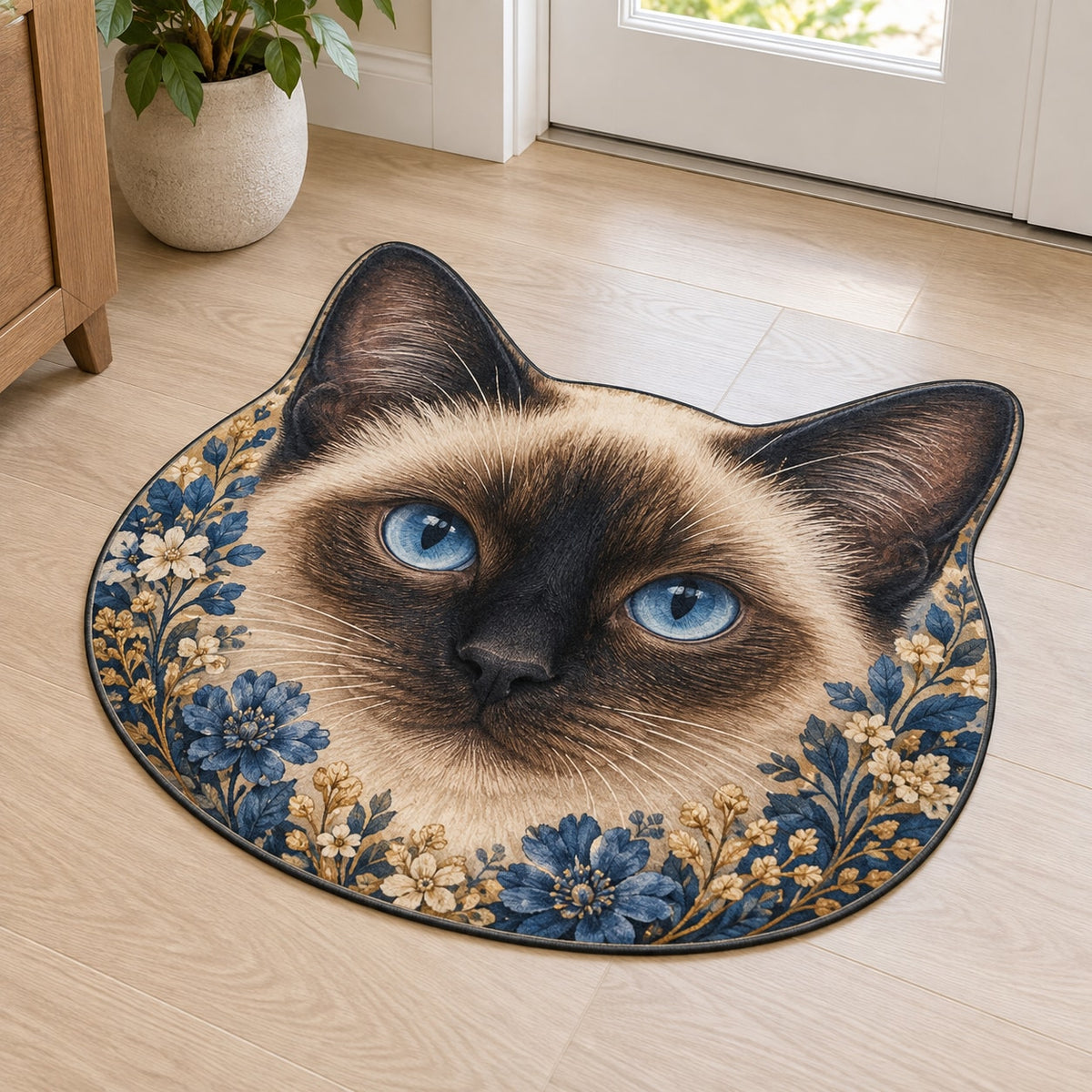 Siamese Cat Companion Custom Shape Mat with dimensional printed themed artwork; representative AI-generated mockup.