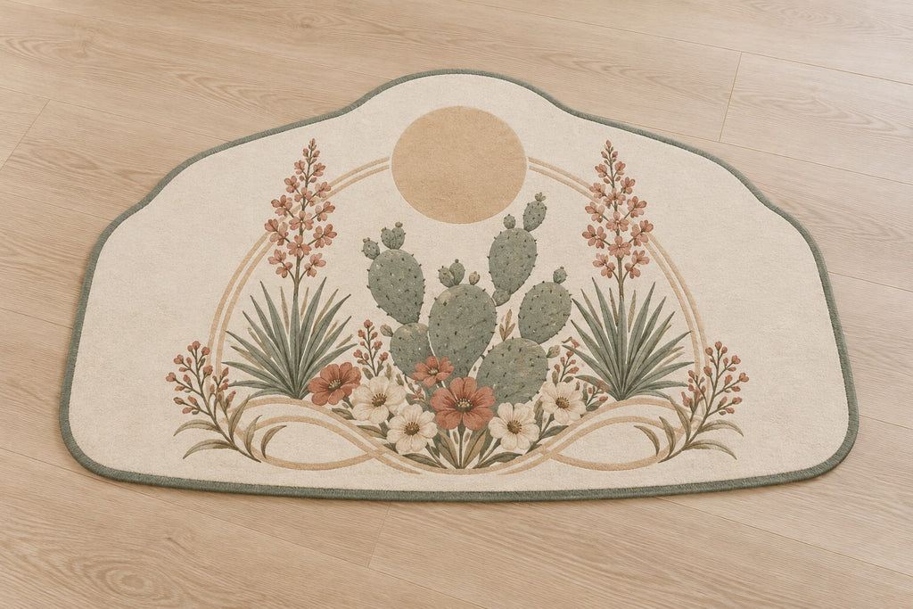 Desert Botanical Arch Custom Shape Mat with dimensional printed themed artwork; representative AI-generated mockup.