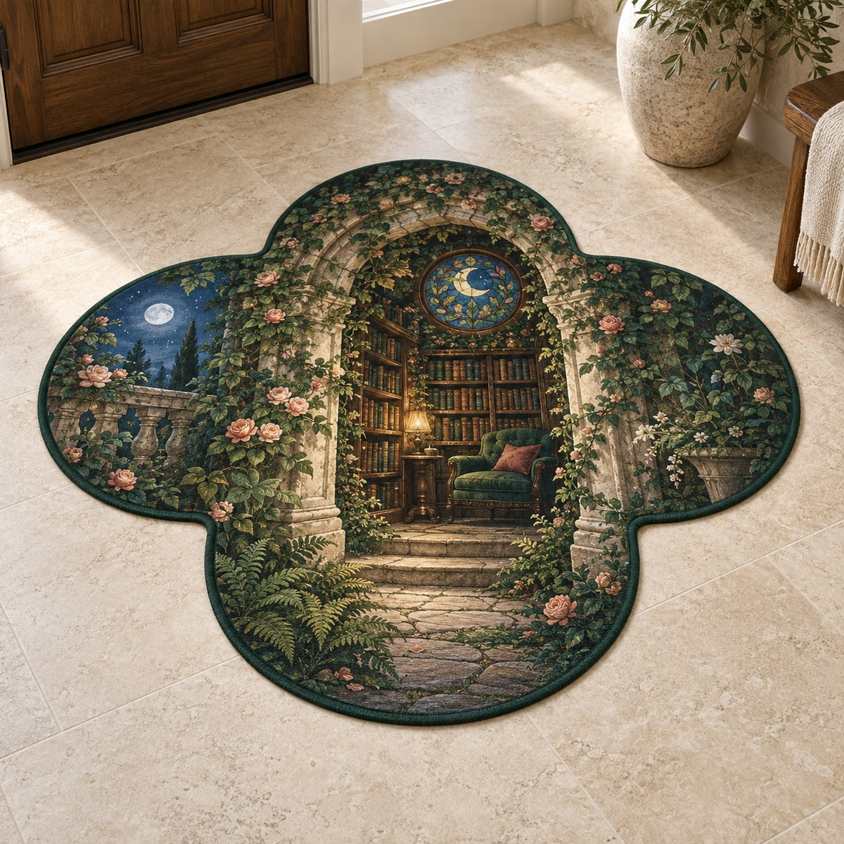 Secret Garden Library Custom Shape Mat with dimensional printed themed artwork; representative AI-generated mockup.