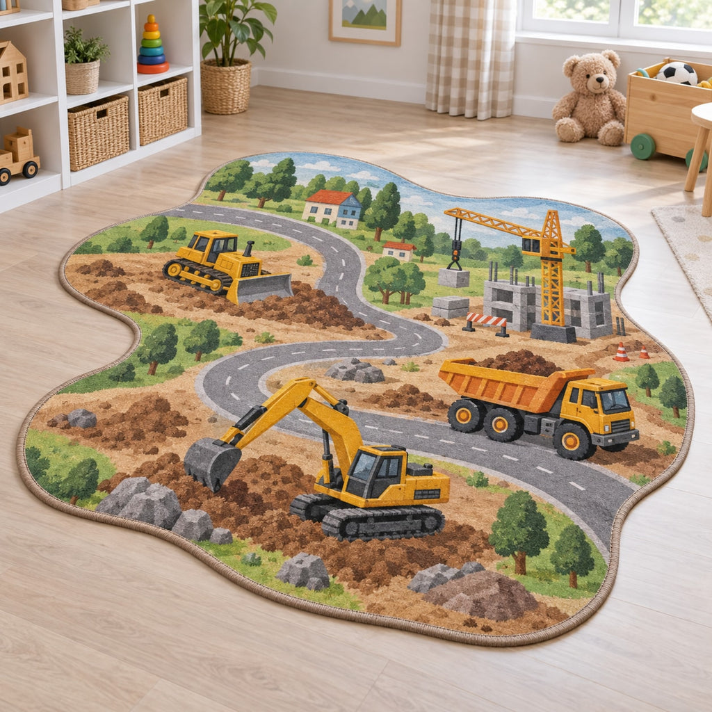 Construction Vehicle Town Custom Shape Mat with dimensional printed themed artwork; representative AI-generated mockup.