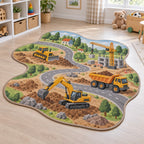 Construction Vehicle Town Custom Shape Mat with dimensional printed themed artwork; representative AI-generated mockup.