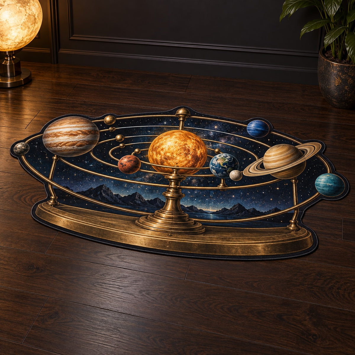 Vintage Solar System Custom Shape Mat with dimensional printed themed artwork; representative AI-generated mockup.