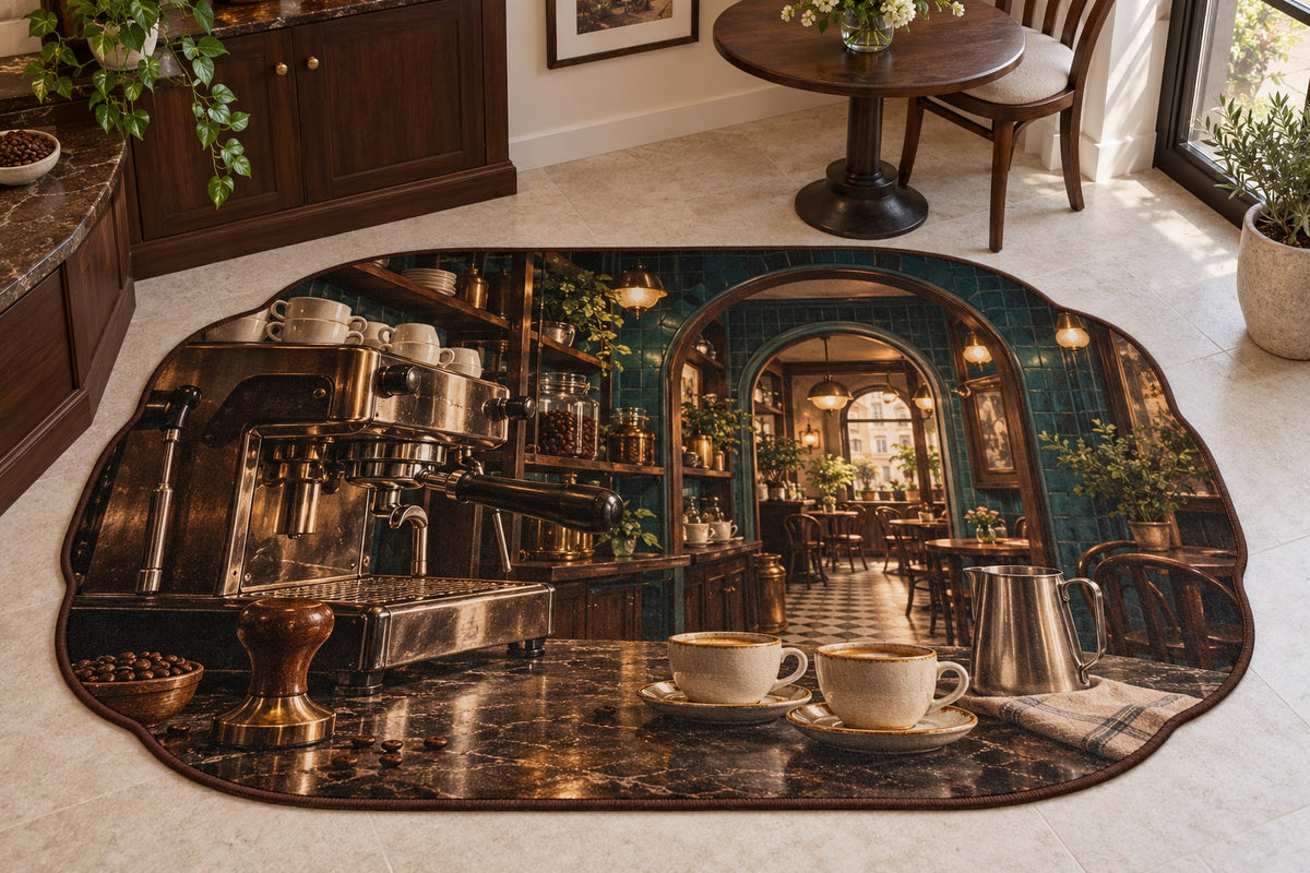 Espresso Corner Custom Shape Mat with dimensional printed themed artwork; representative AI-generated mockup.