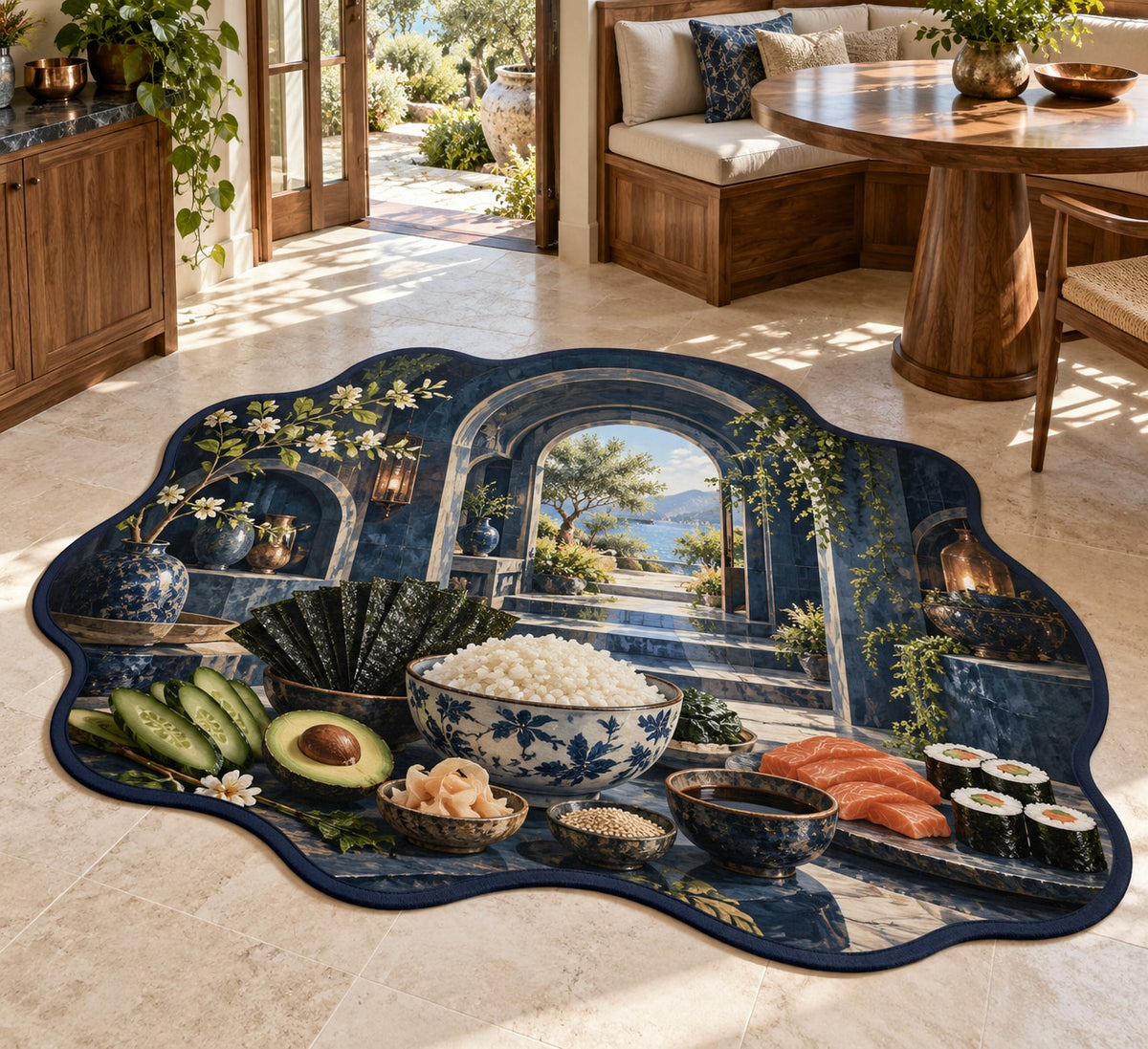 Sushi Ingredient Study Custom Shape Mat with dimensional printed themed artwork; representative AI-generated mockup.