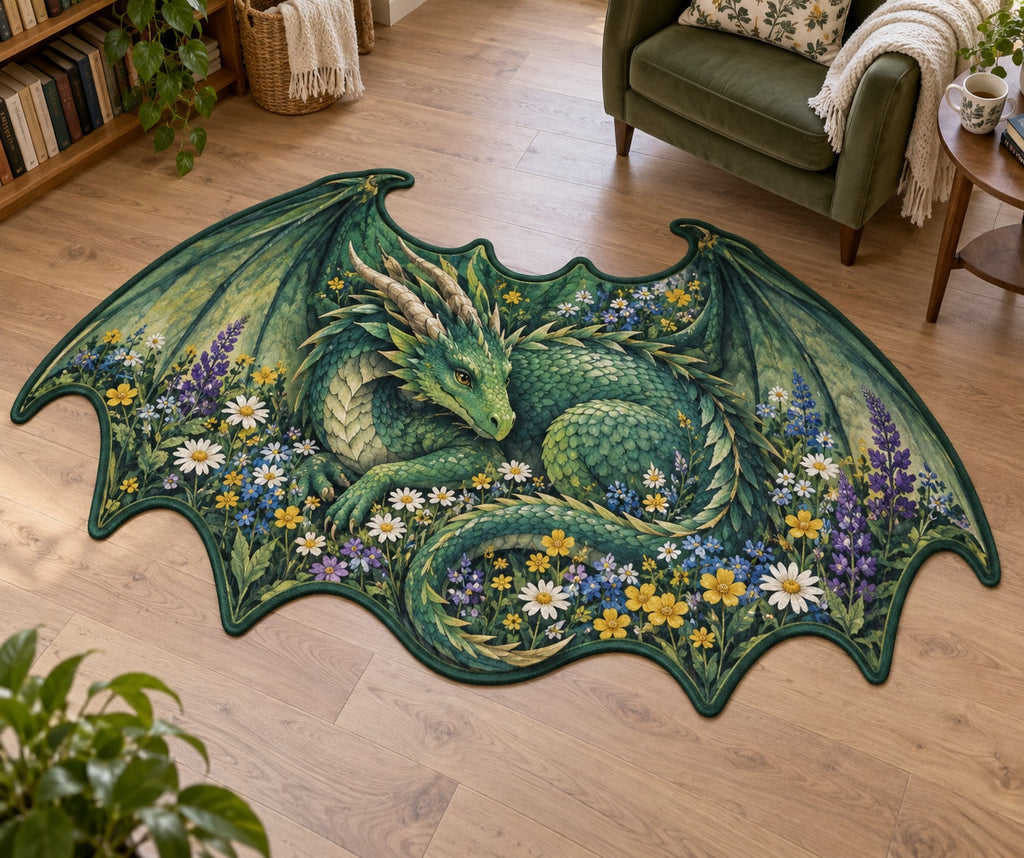 Dragon and Wildflowers Custom Shape Mat with dimensional printed themed artwork; representative AI-generated mockup.