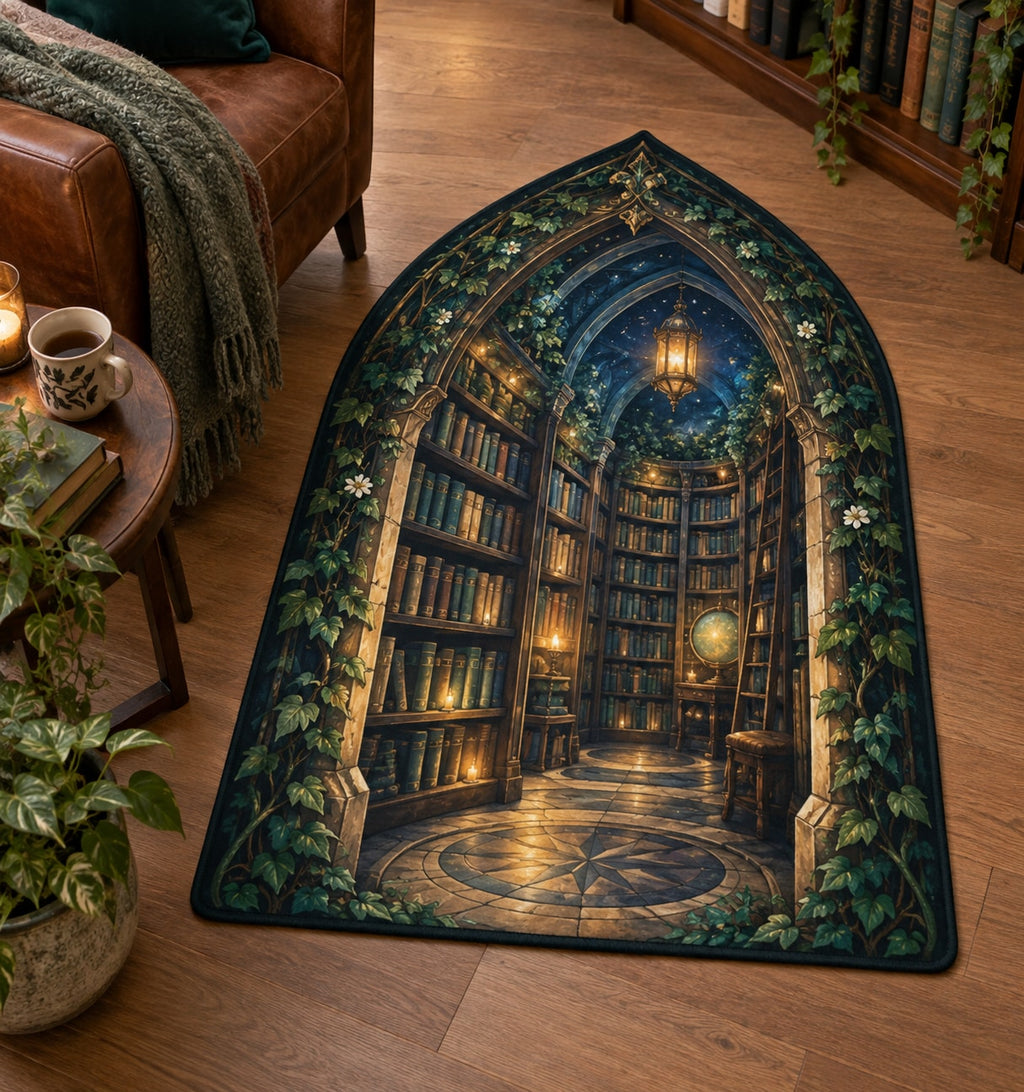 Enchanted Library Arch Custom Shape Mat with dimensional printed themed artwork; representative AI-generated mockup.