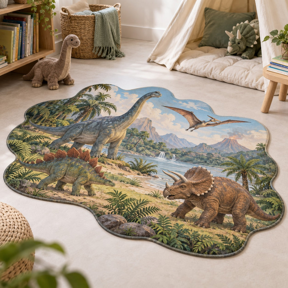 Dinosaur Discovery Custom Shape Mat with dimensional printed themed artwork; representative AI-generated mockup.