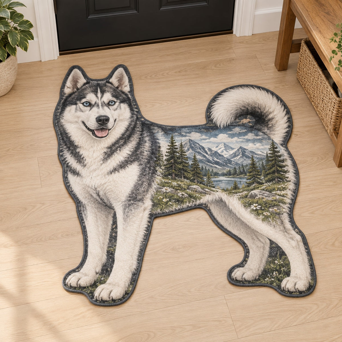 Husky Custom Shape Mat with dimensional printed themed artwork; representative AI-generated mockup.