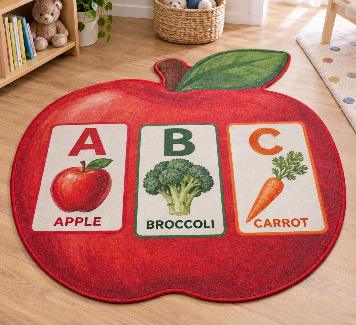 Fruit and Vegetable Alphabet Custom Shape Mat with dimensional printed themed artwork; representative AI-generated mockup.