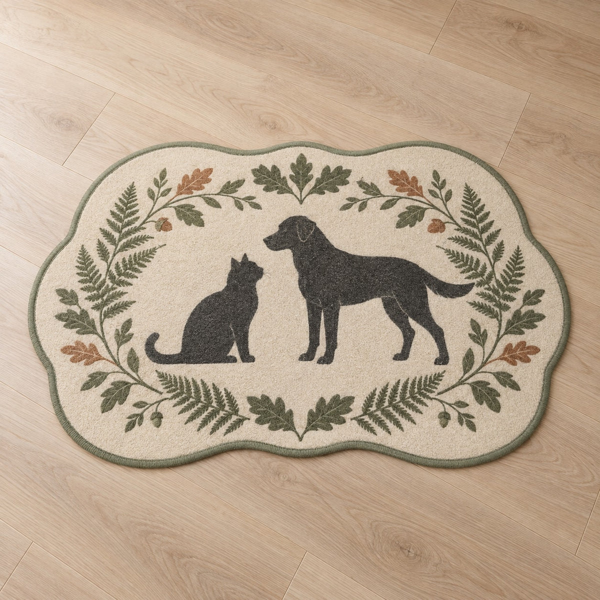Woodland Pet Silhouette Custom Shape Mat with dimensional printed themed artwork; representative AI-generated mockup.