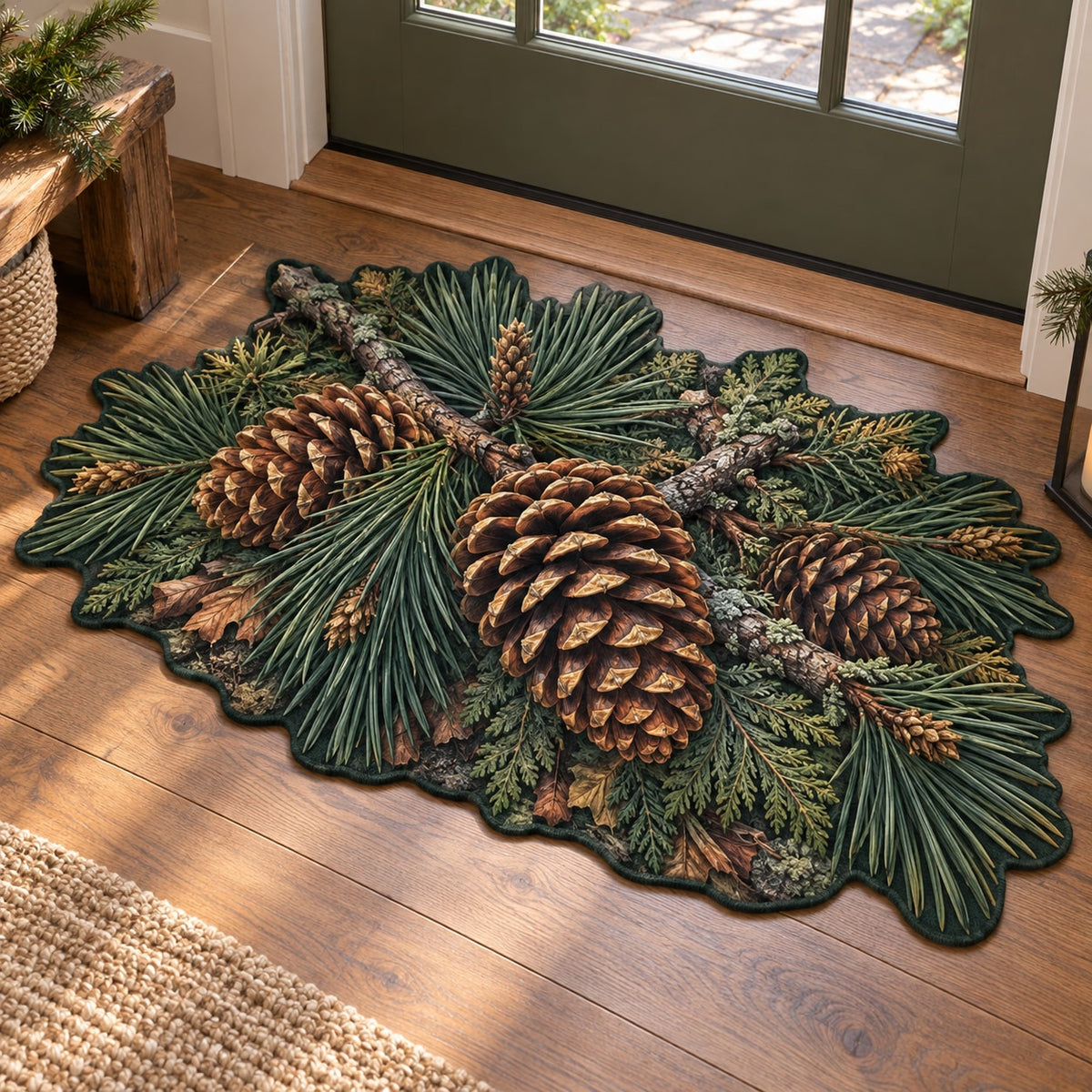 Pinecones and Needles Custom Shape Mat with dimensional printed themed artwork; representative AI-generated mockup.