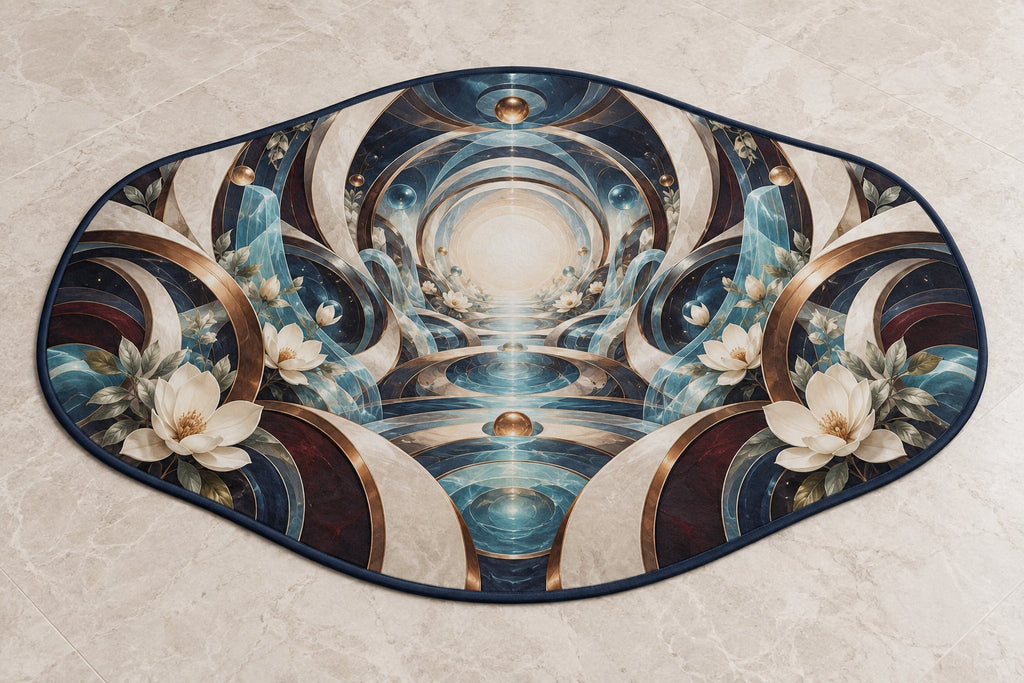 Luminous Circuit Sanctuary Custom Shape Mat with dimensional printed themed artwork; representative AI-generated mockup.