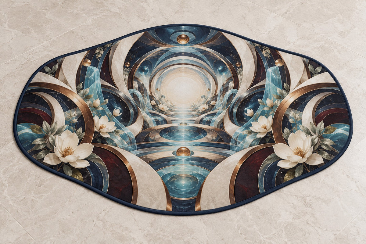 Luminous Circuit Sanctuary Custom Shape Mat with dimensional printed themed artwork; representative AI-generated mockup.