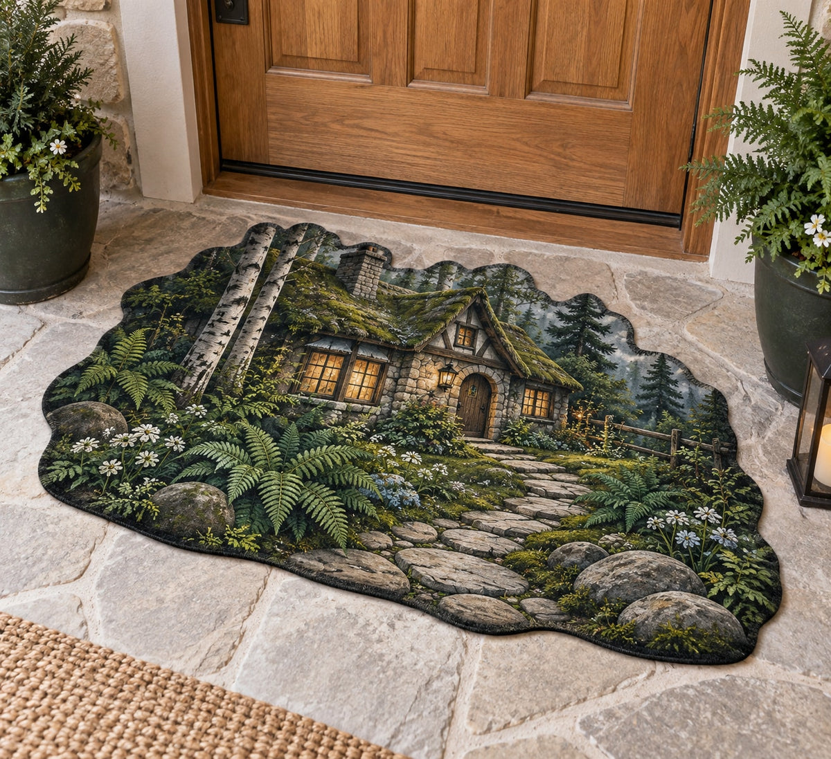 Woodland Cottage Custom Shape Mat with dimensional printed themed artwork; representative AI-generated mockup.