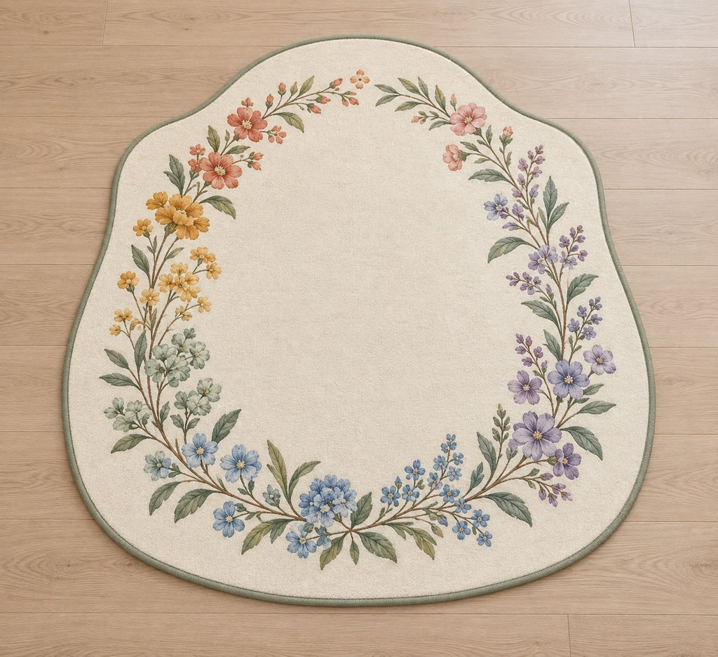 Rainbow Garden Celebration Wreath Custom Shape Mat with dimensional printed themed artwork; representative AI-generated mockup.